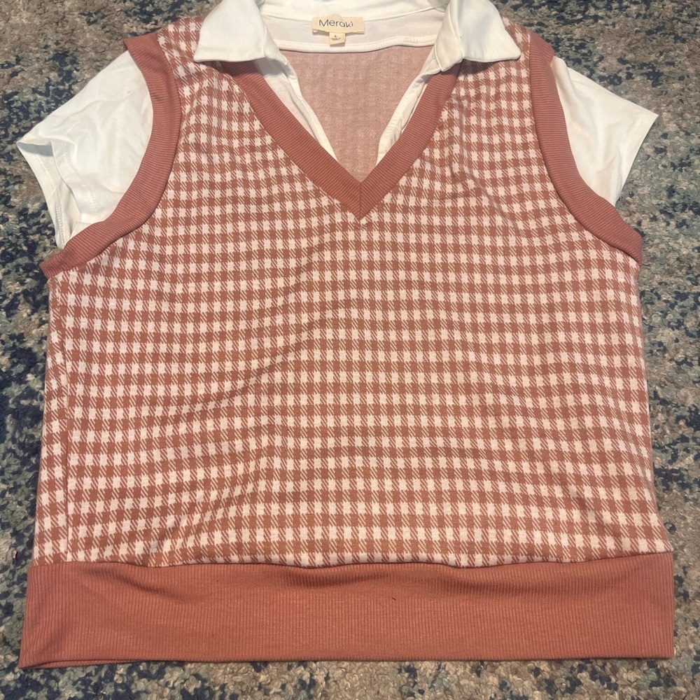 Meraki Pink Houndstooth Sweater Vest Layered Collared Top – Size Large